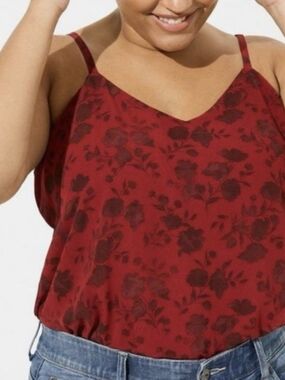 torrid Red Floral V-Neck Cami with Dark Rose Print